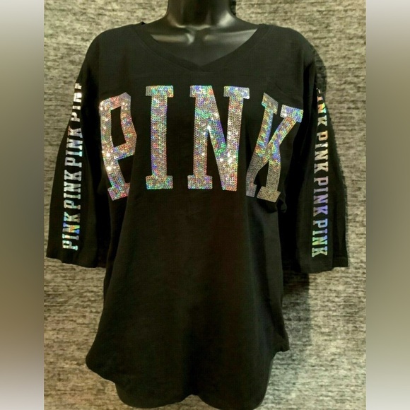 PINK Black T-Shirt with Glitter Sequence Logo - Picture 1 of 3